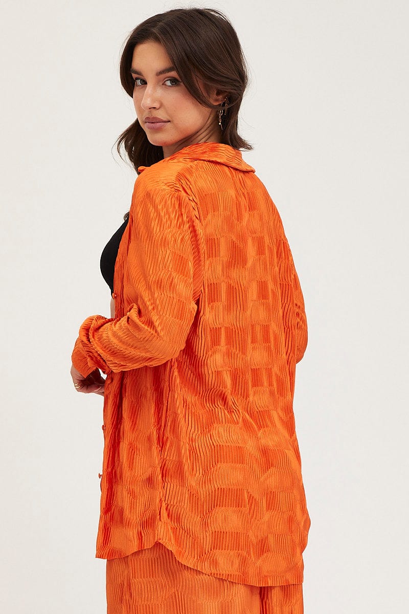 Orange Plisse Shirts Long Sleeve
