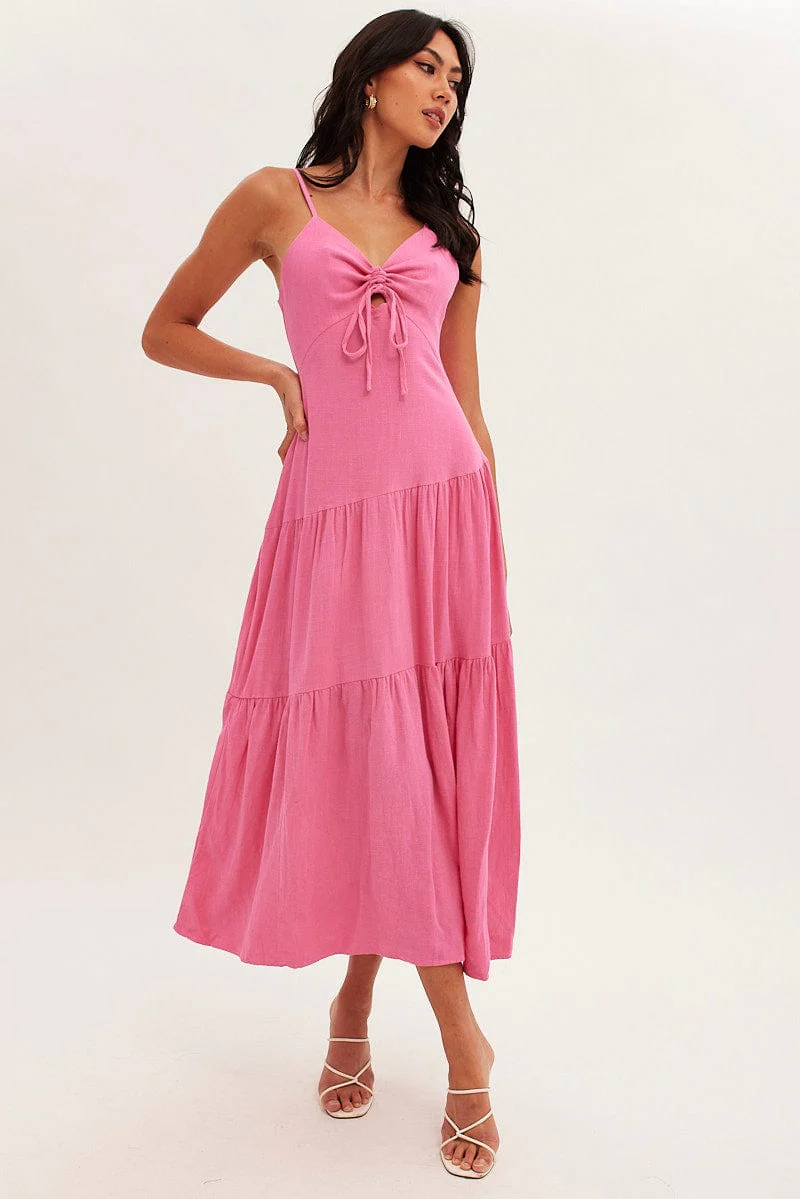 Pink Maxi Dress Sleeveless Tiered Linen Blend