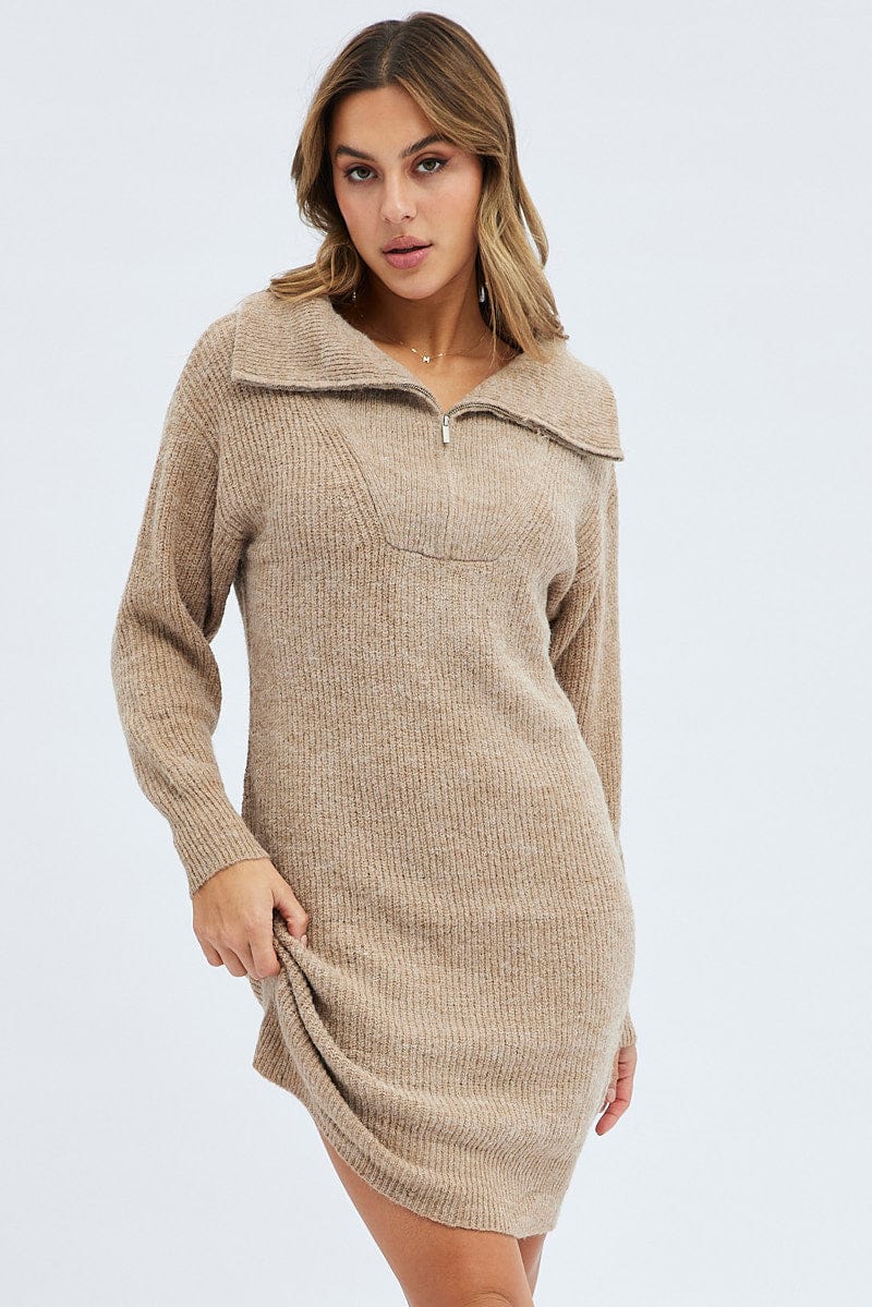Camel Knit Dress Long Sleeve Turtleneck Zip