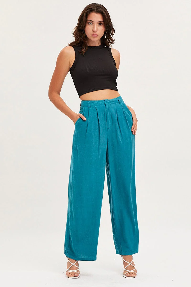 Blue Wide Leg Pants High Rise