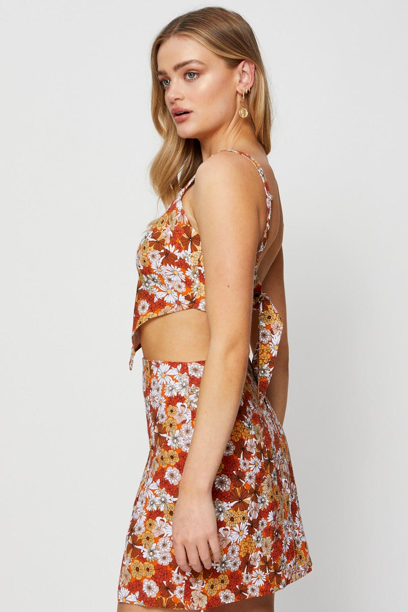 Print Scarf Top Sleeveless Crop Linen Blend