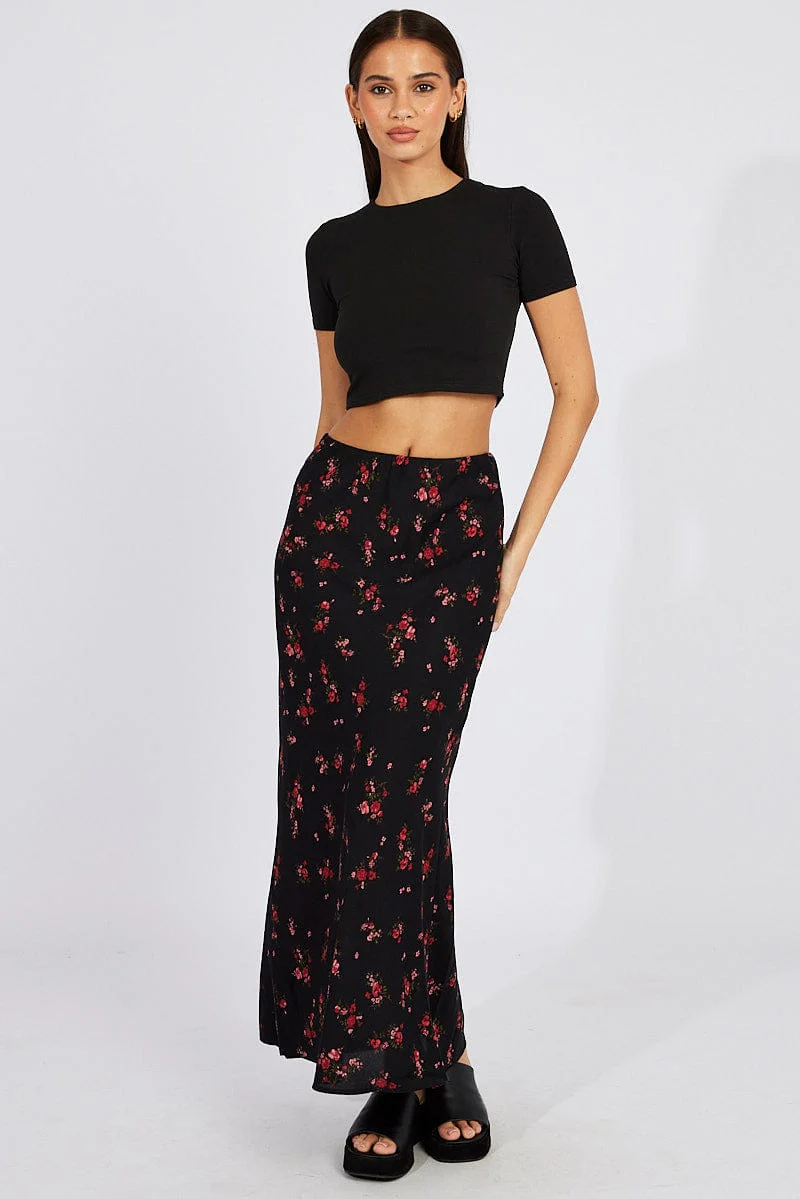 Black Floral Slip Skirt Maxi