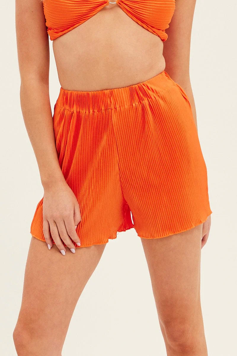 Orange Plisse Shorts High Waisted
