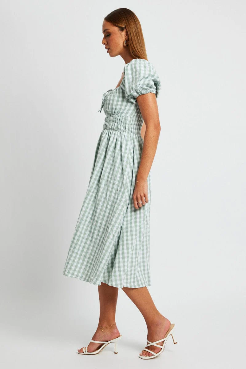 Green Check Midi Dress Short Sleeve Ruched Bust
