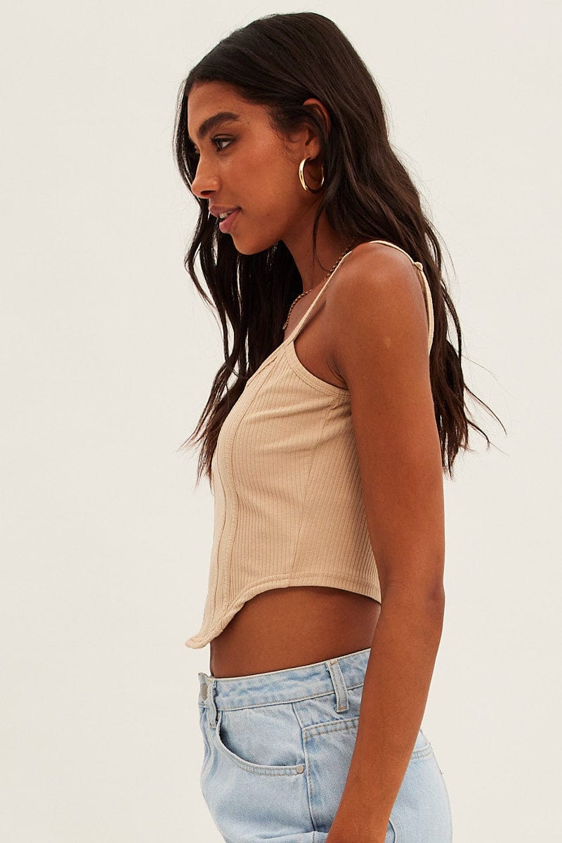 Beige Corset Singlet Sleeveless Scoop Neck Rib Jersey