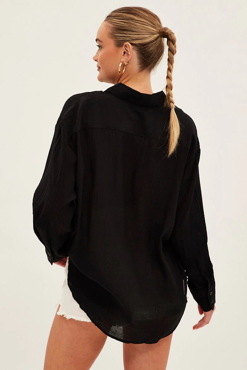Black Textured Shirt Long Sleeve Collared