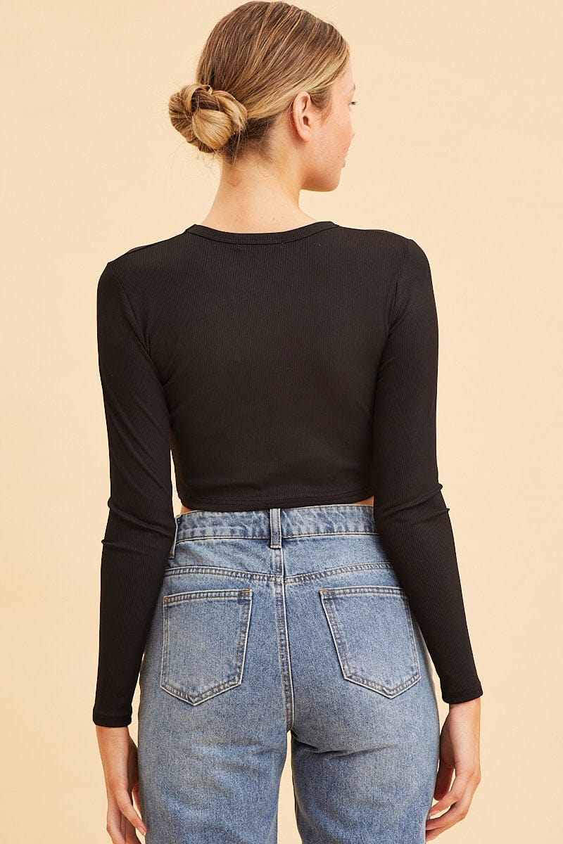 Black Crop Top Long Sleeve Crew Neck Rib