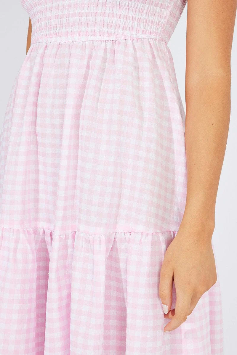 Pink Check Midi Dress One Shoulder