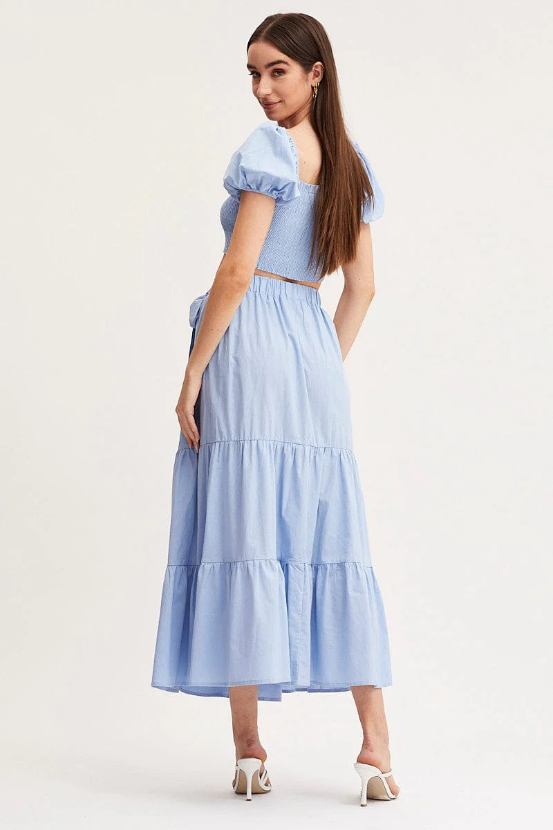 Blue Maxi Skirt High Rise Tiered