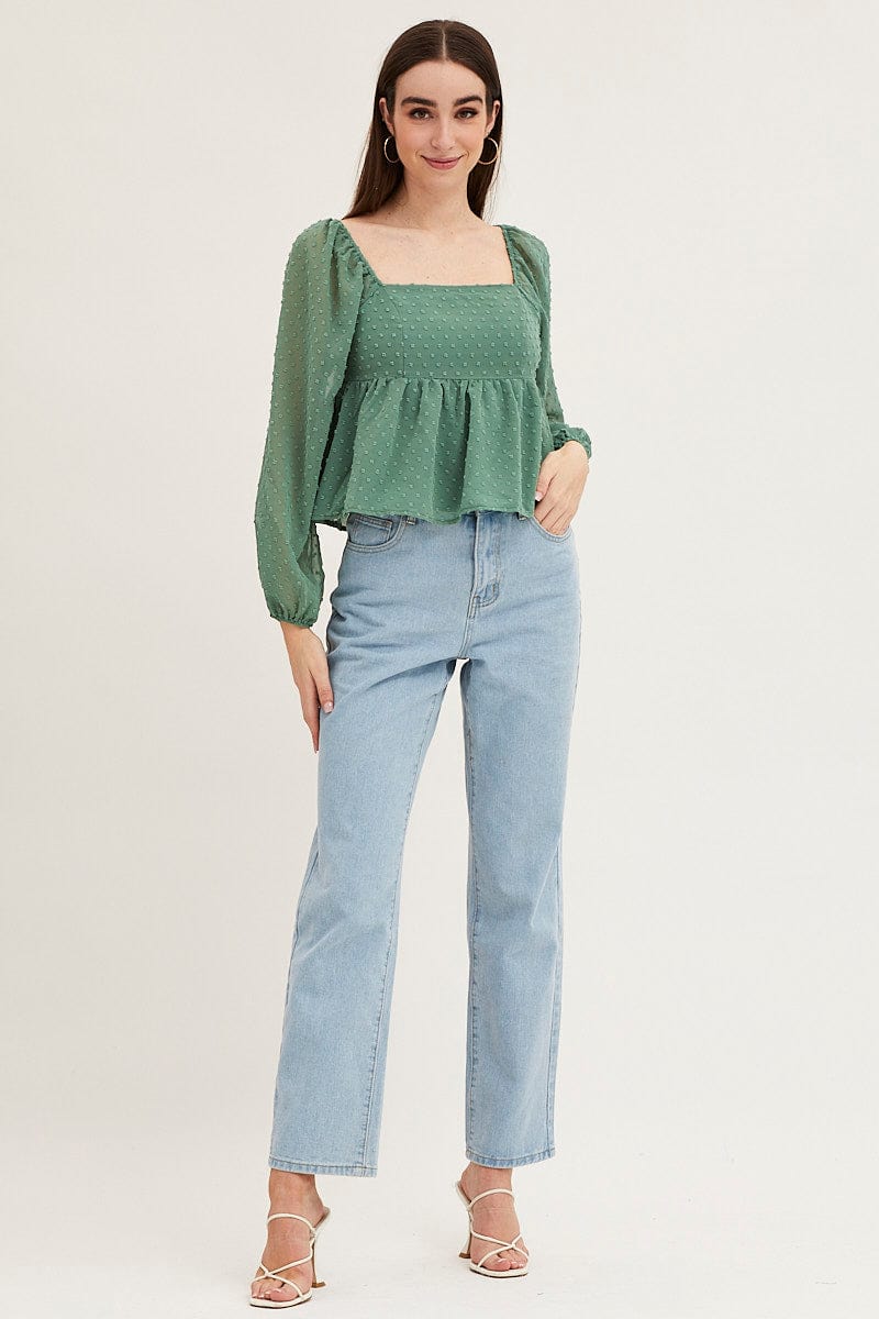 Green Puff Sleeve Peplum Top