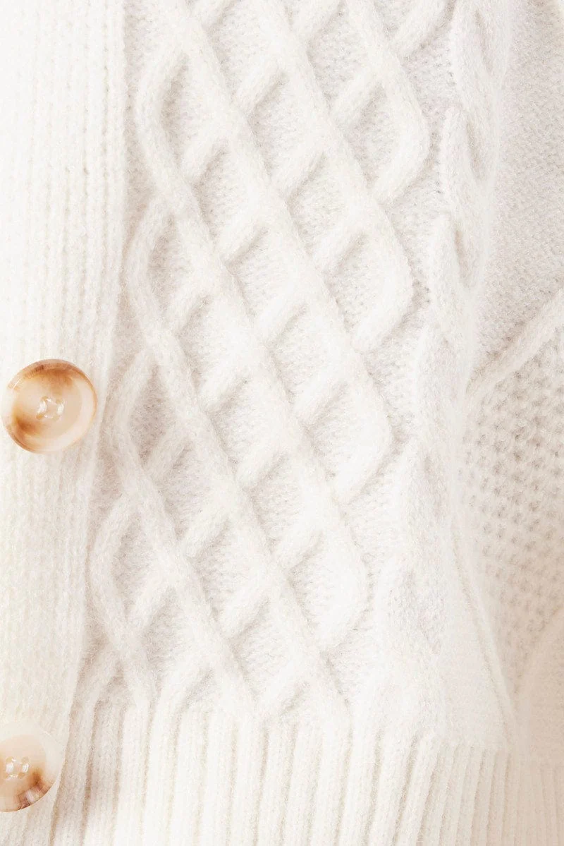 White Cable Knit Cardigan Long Sleeve V Neck