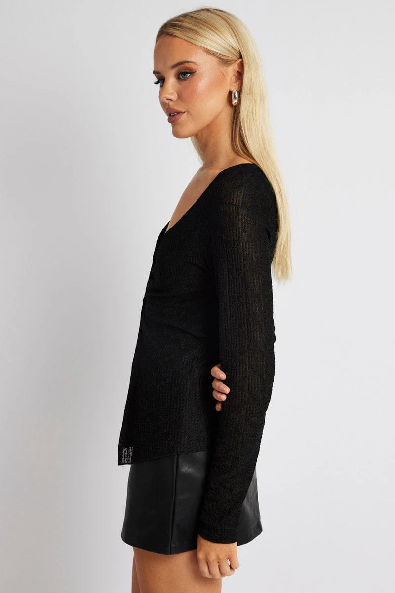 Black Textured Top Long Sleeve