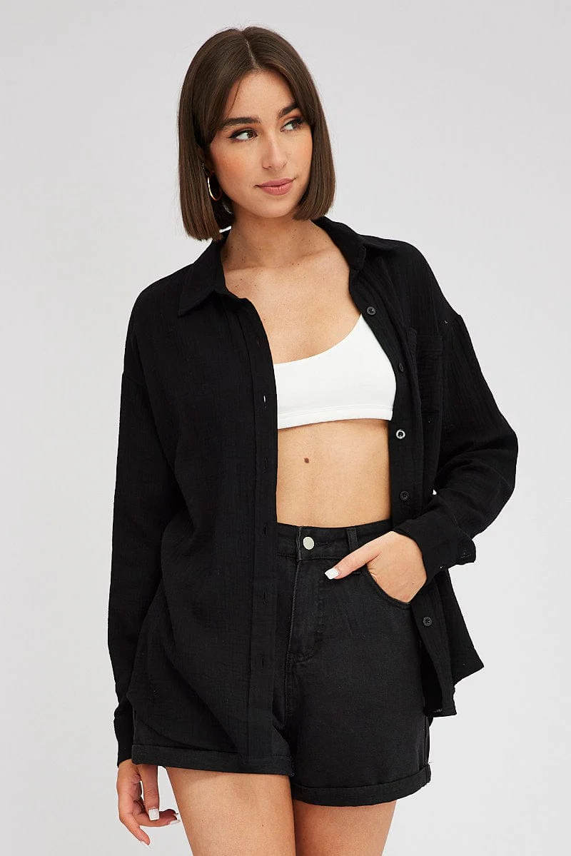 Black Oversized Shirt Long sleeve Collared Neck