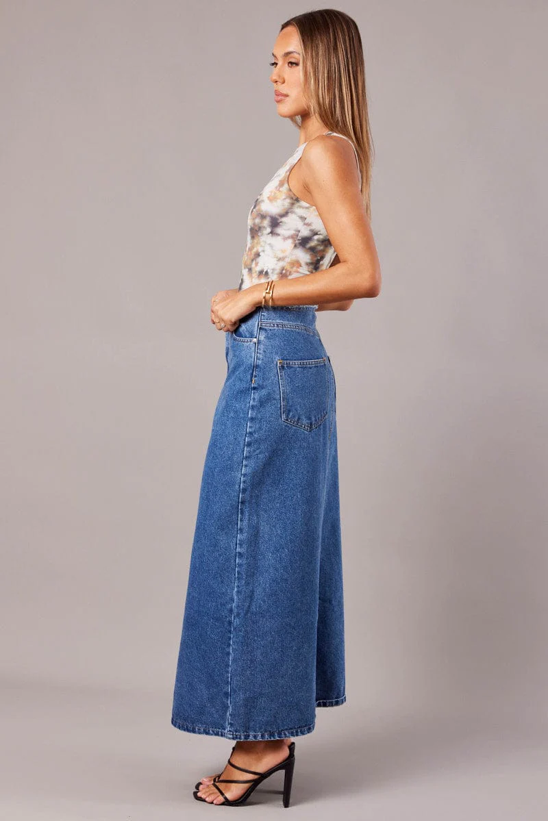 Denim Maxi Skirt High Rise A-line Raw Edge Denim