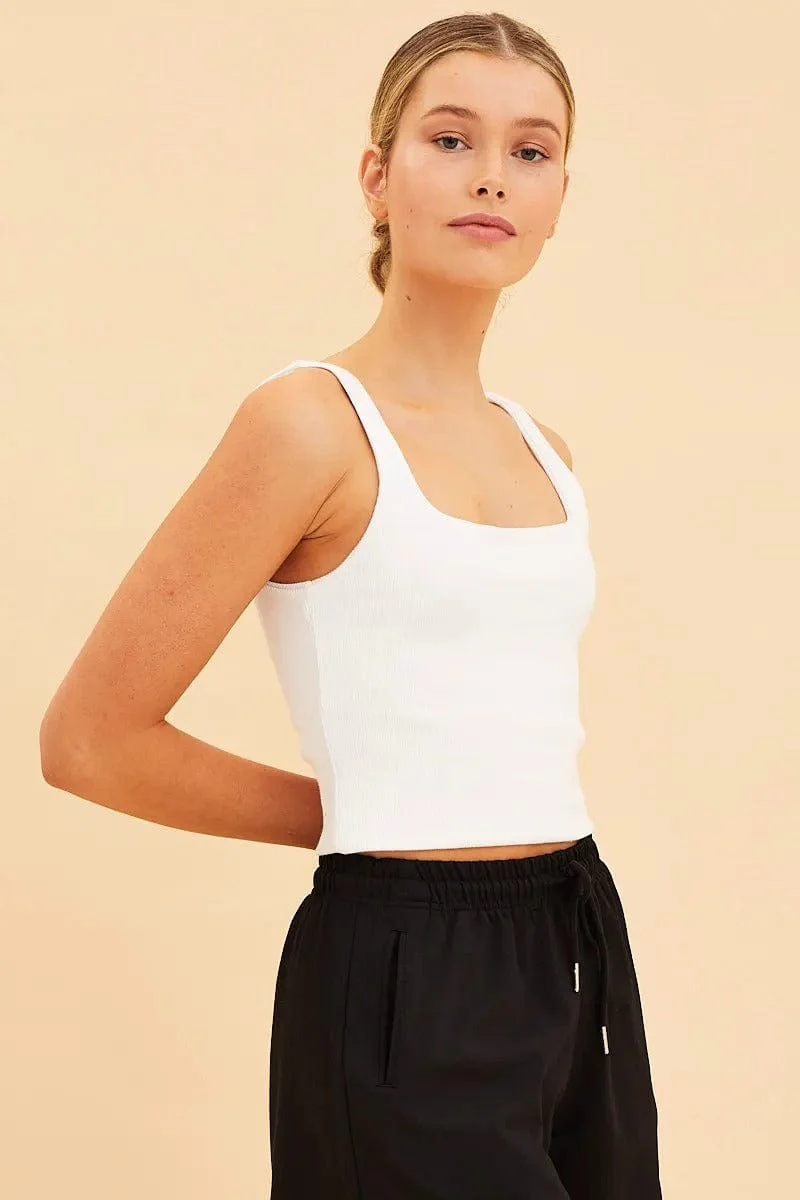 White Crop Tank Square Neck Cotton Blend Rib