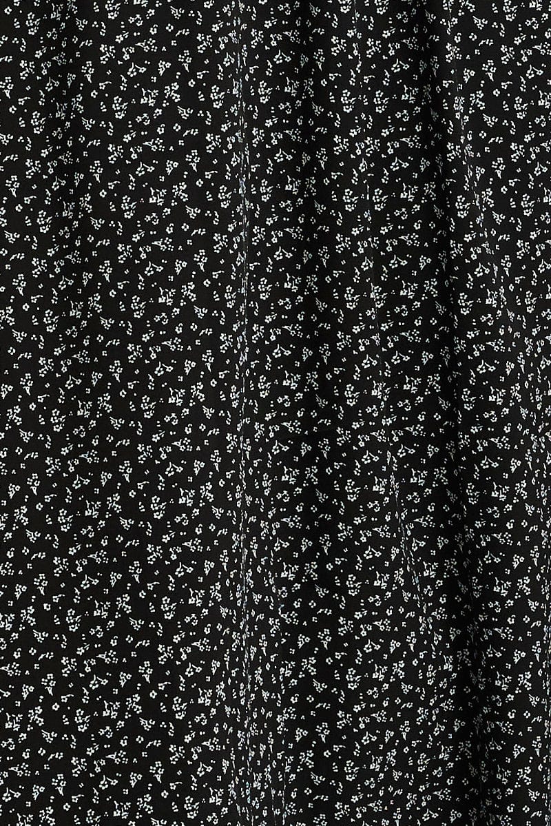 Black Ditsy Midi Dress Short Sleeve Ruched Bust