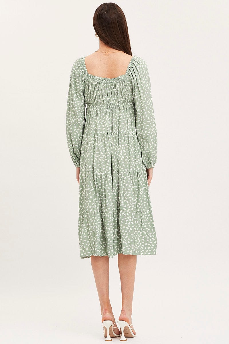 Geo Print Dress Long Sleeve Midi