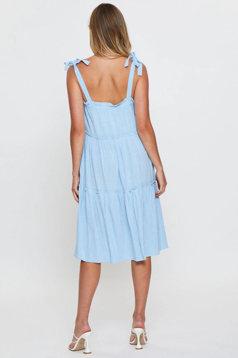 Blue Midi Dress Sleeveless Tie Shoulder