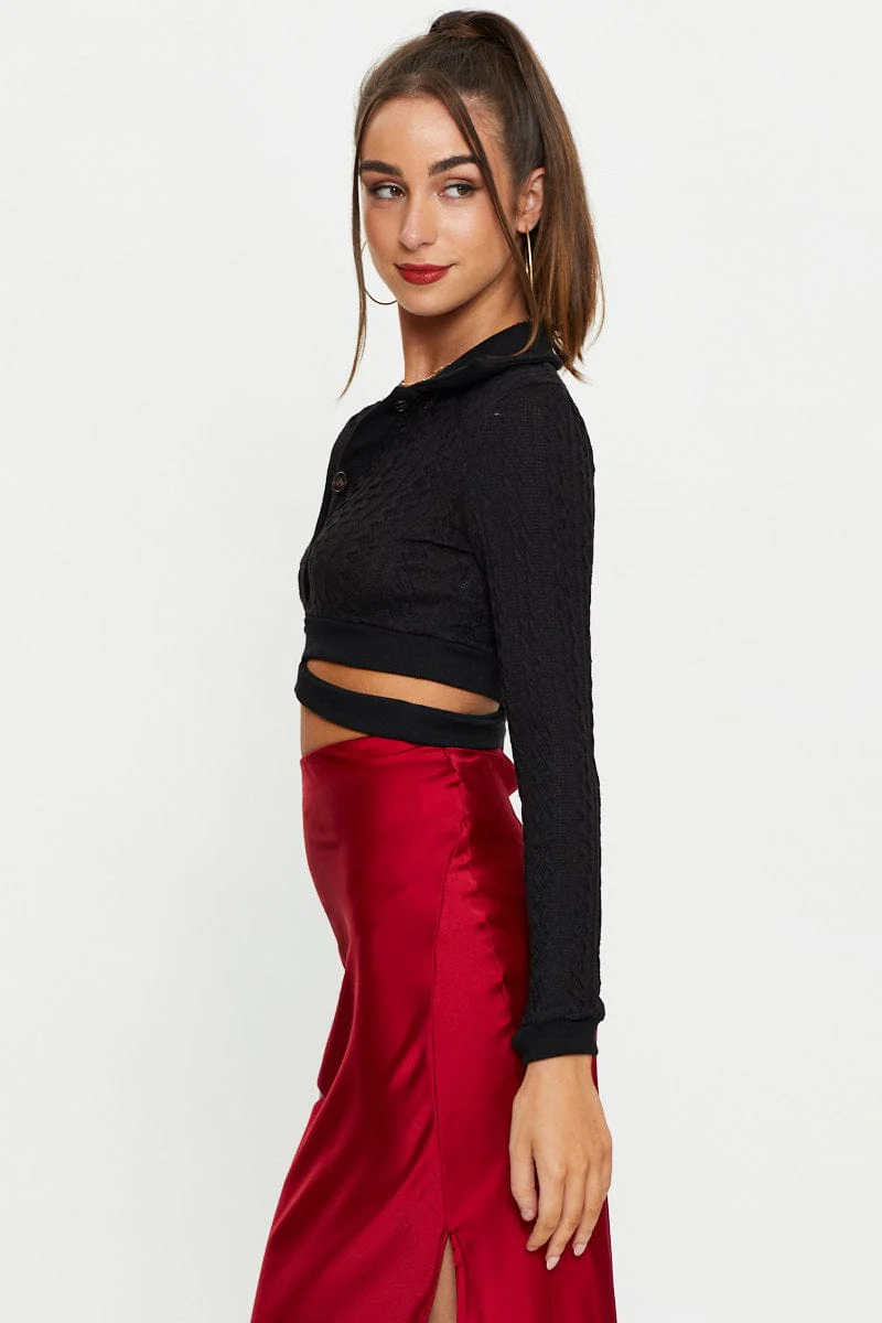 Black Button Front Polo Top