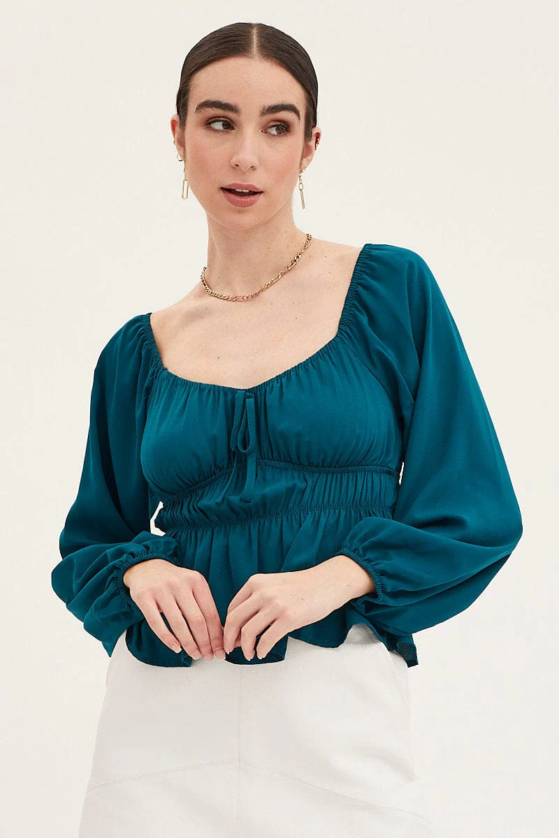 Blue Peplum Top Long Sleeve Ruched Front