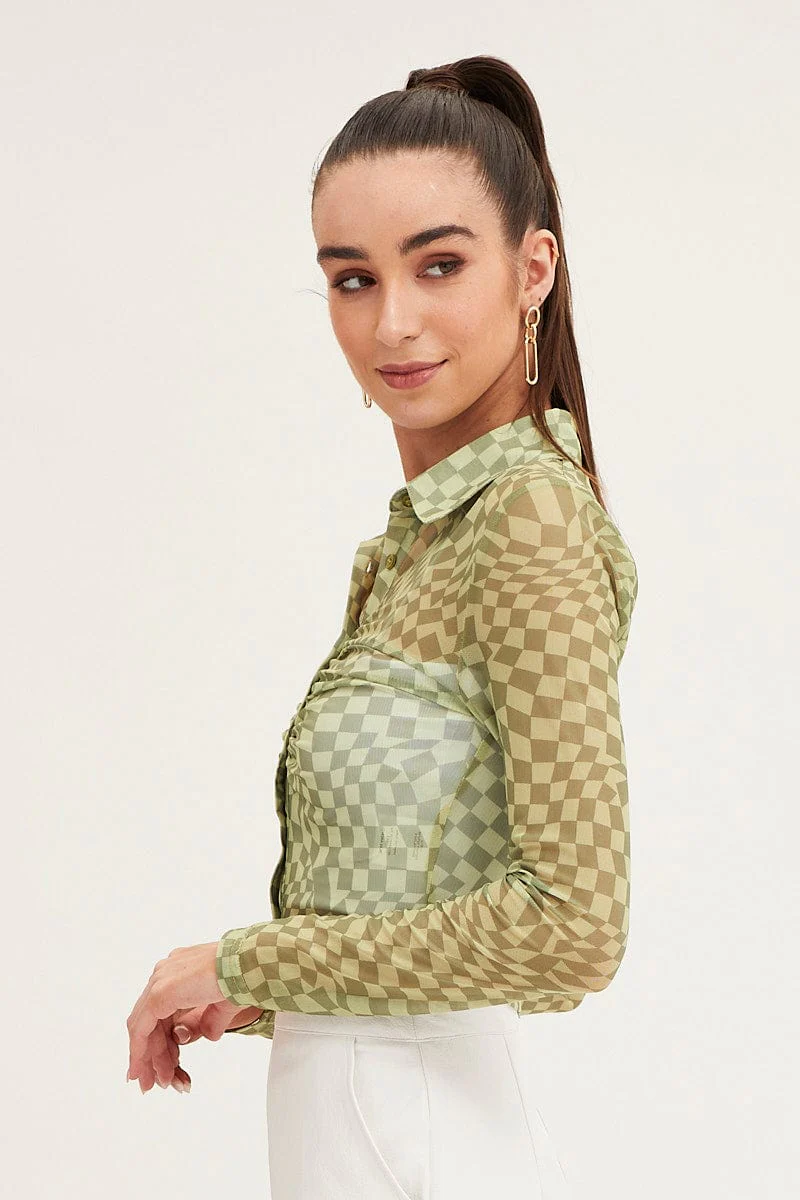 Abstract Print Top Long Sleeve Mesh