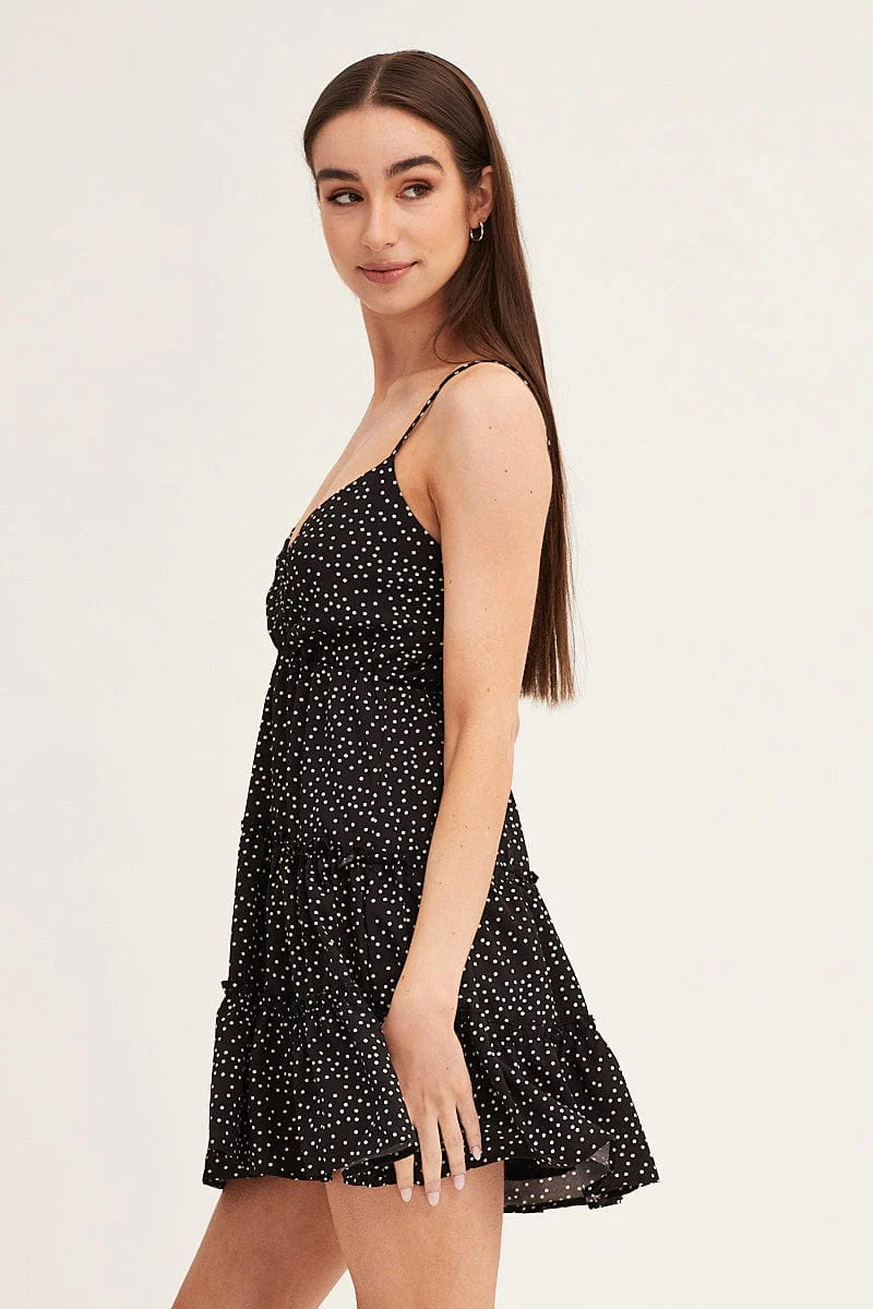 Polka Dot Skater Dress Mini V Neck Sleeveless