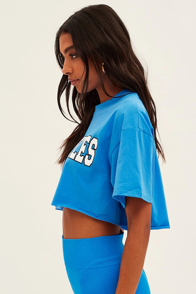 Blue Los Angeles Crop Tee Short Sleeve Crew Neck