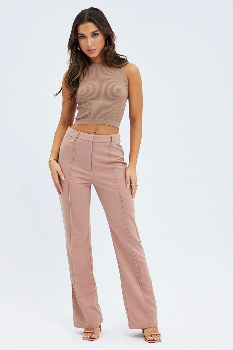 Brown Wide Leg Pants High Rise Workwear