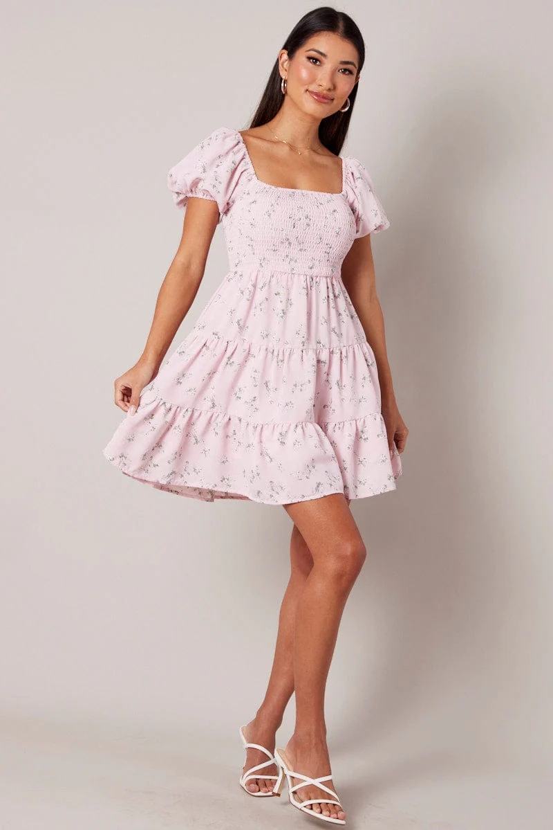 Pink Floral Fit And Flare Dress Puff Sleeve