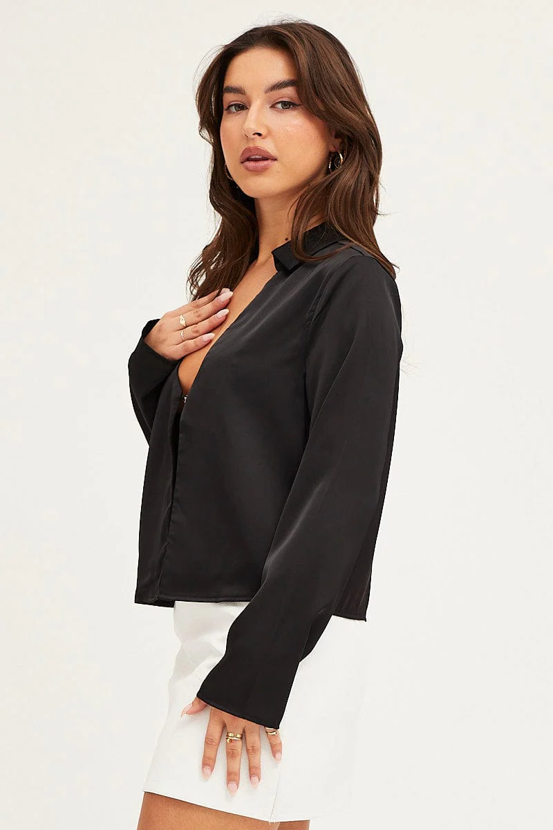 Black Satin Long Sleeve Collared Chain-Link Front Jacket