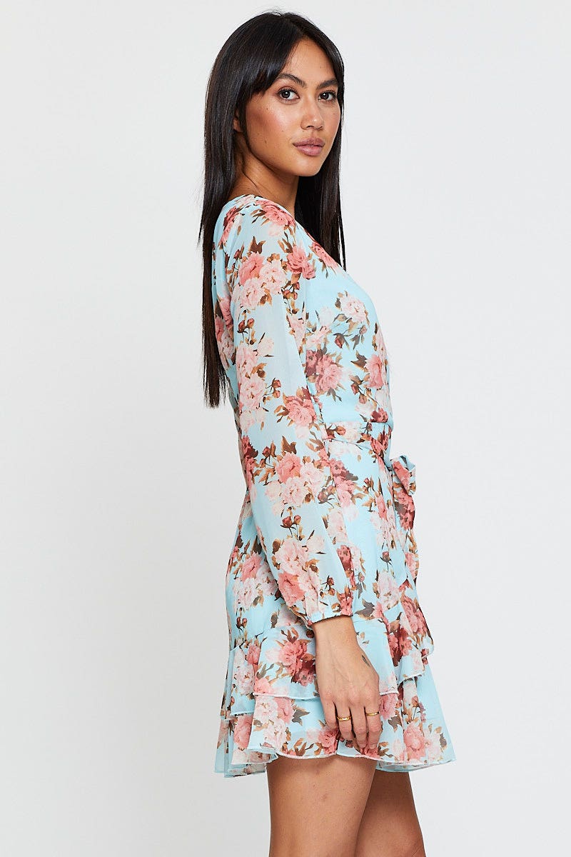 Print Mini Dress Long Sleeve V Neck