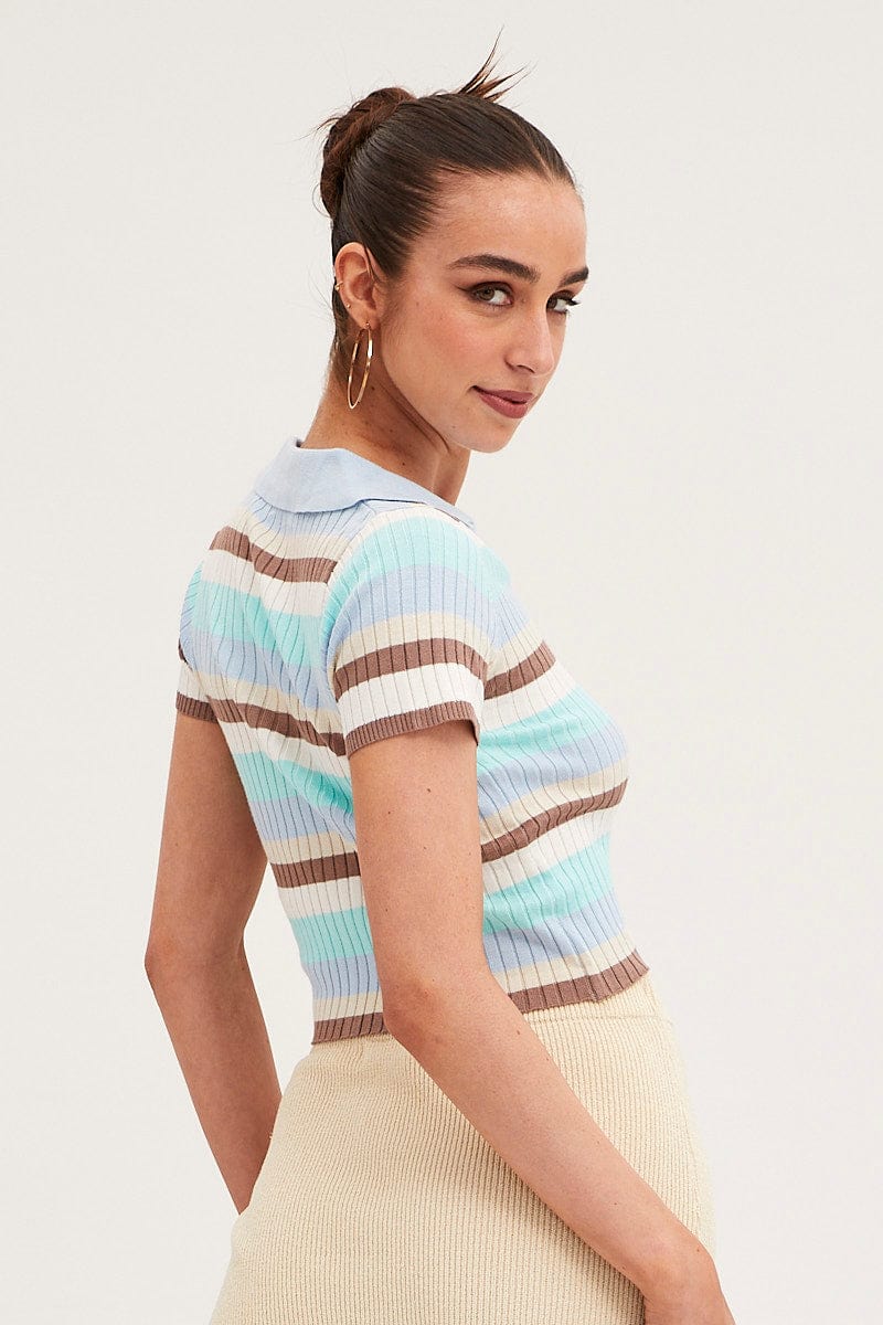 Blue Stripe Crop Cardigan Short Sleeve Knit