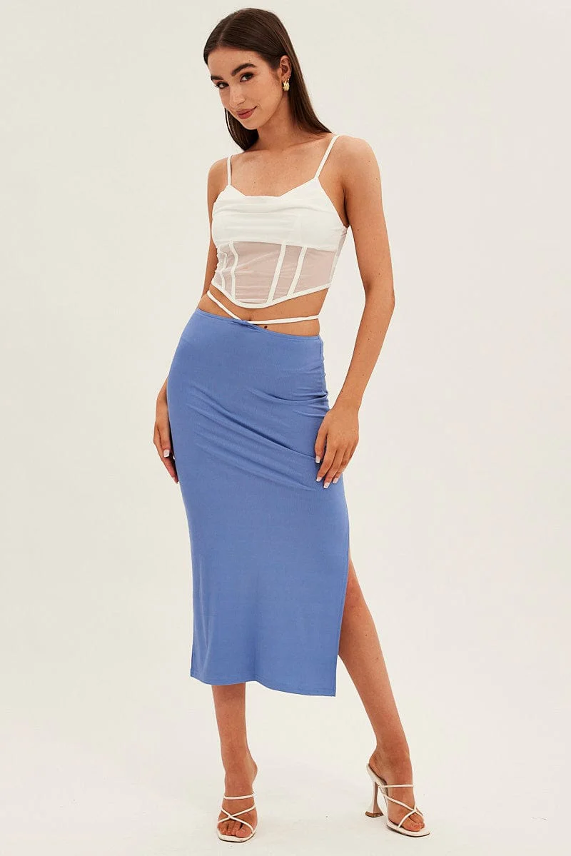 Blue Midi Skirt Bodycon Tie Contrast Ribbed