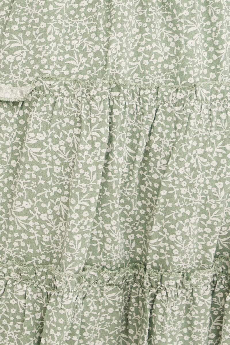 Green Floral Skater Dress Short Sleeve V Neck Green Floral