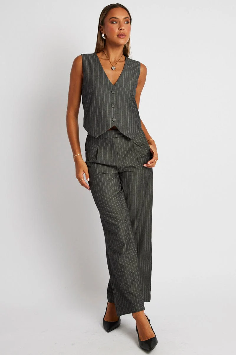 Grey Stripe Waistcoat Sleeveless V Neck Button Up