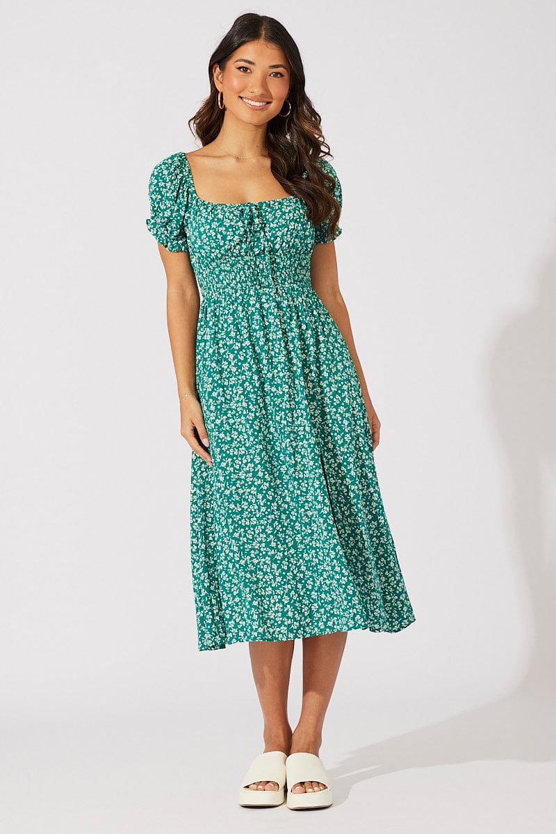 Green Ditsy Midi Dress Short Sleeve Shirred Waist