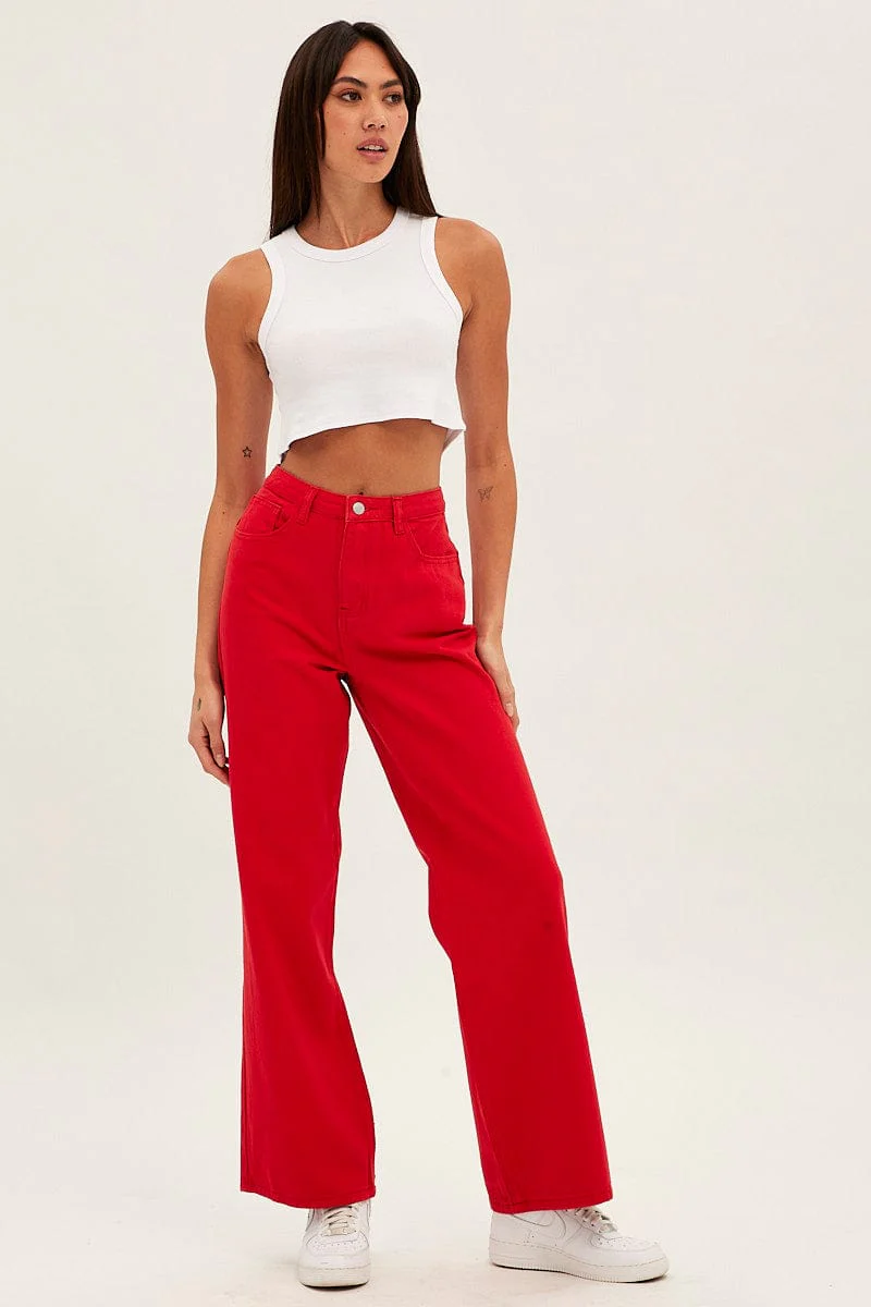 Red Wide Leg Denim Jeans High Rise