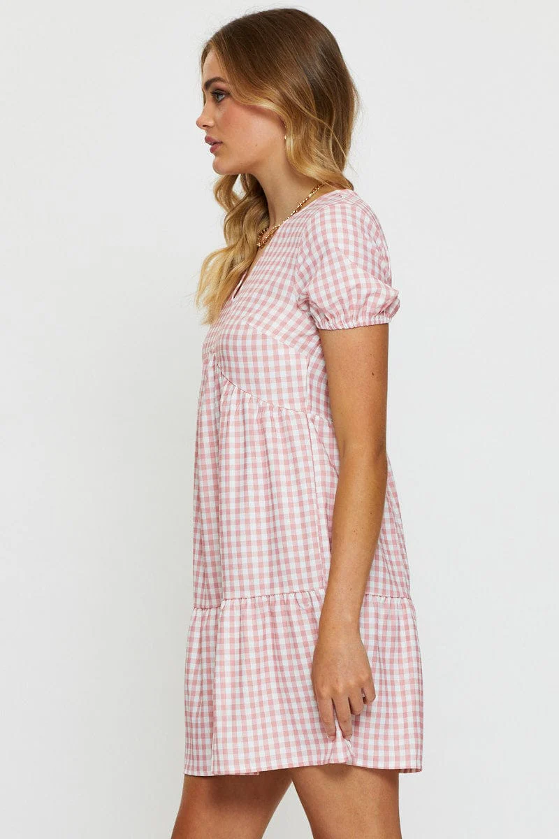 Check Mini Dress V Neck