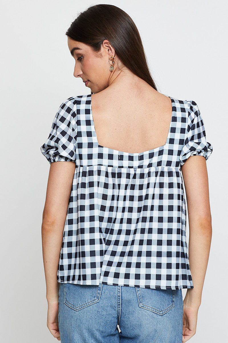 Check Scoop Neck Top Short Sleeve