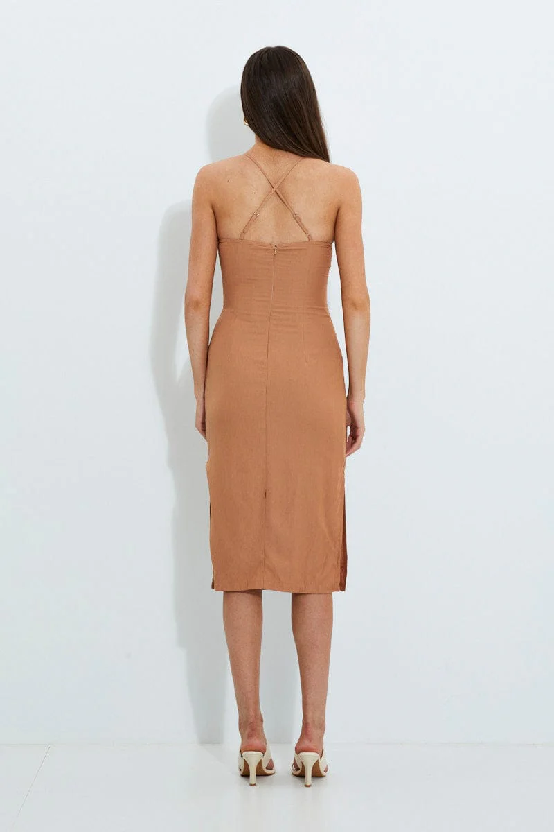 Beige Designer Linen Look Racer Neck Midi Dress