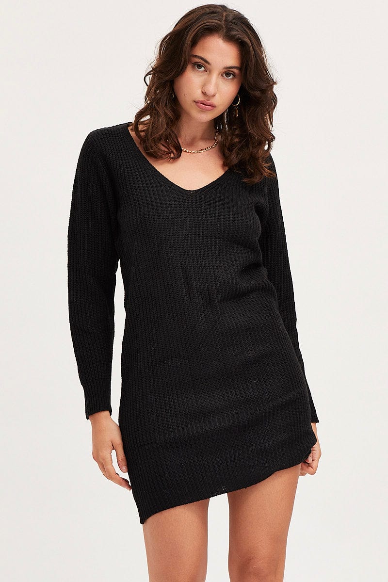 Black Dress Long Sleeve Mini V Neck Knit