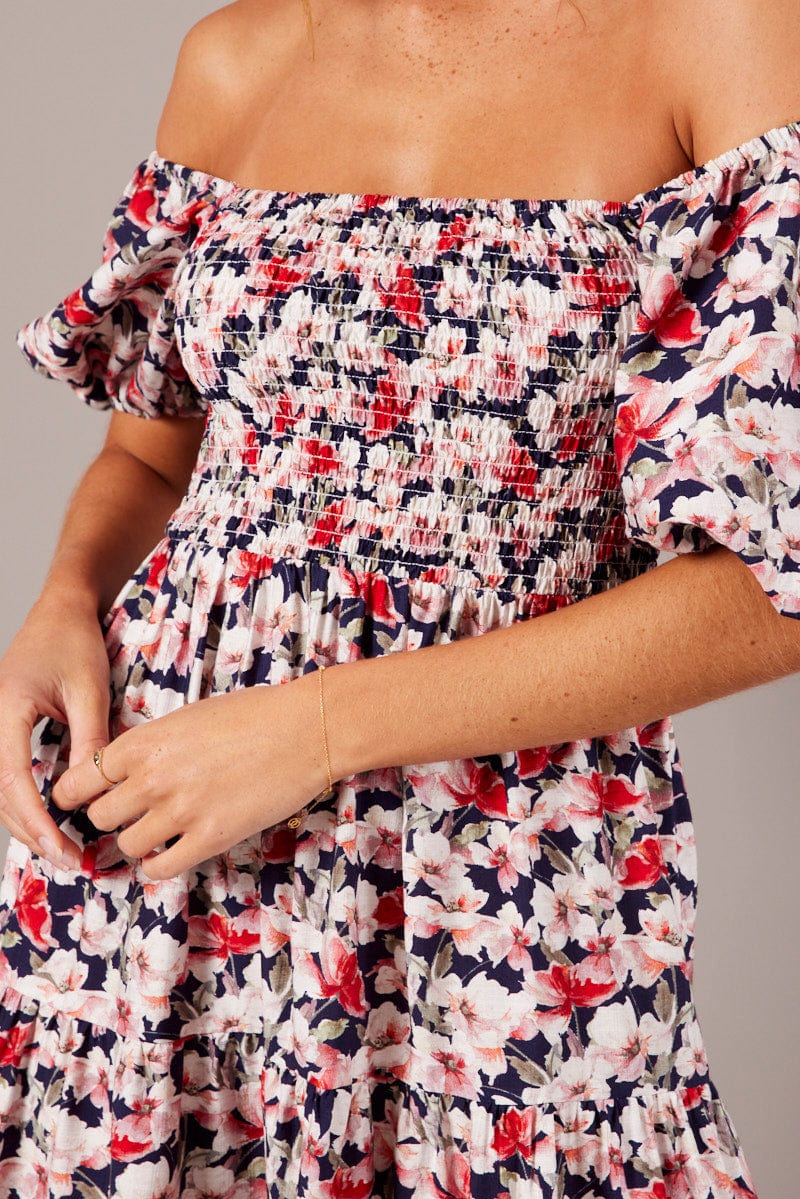 Blue Floral Midi Dress Puff Sleeve Shirred Bust