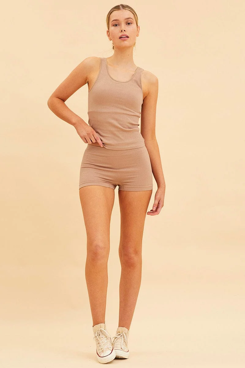 Beige Seamless Tank Full Length Sleeveless Soop Neck