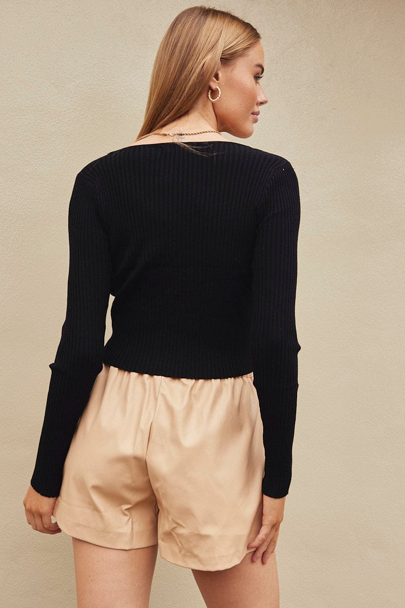 Black Knit Top V-Neck Long Sleeve Front Ruched