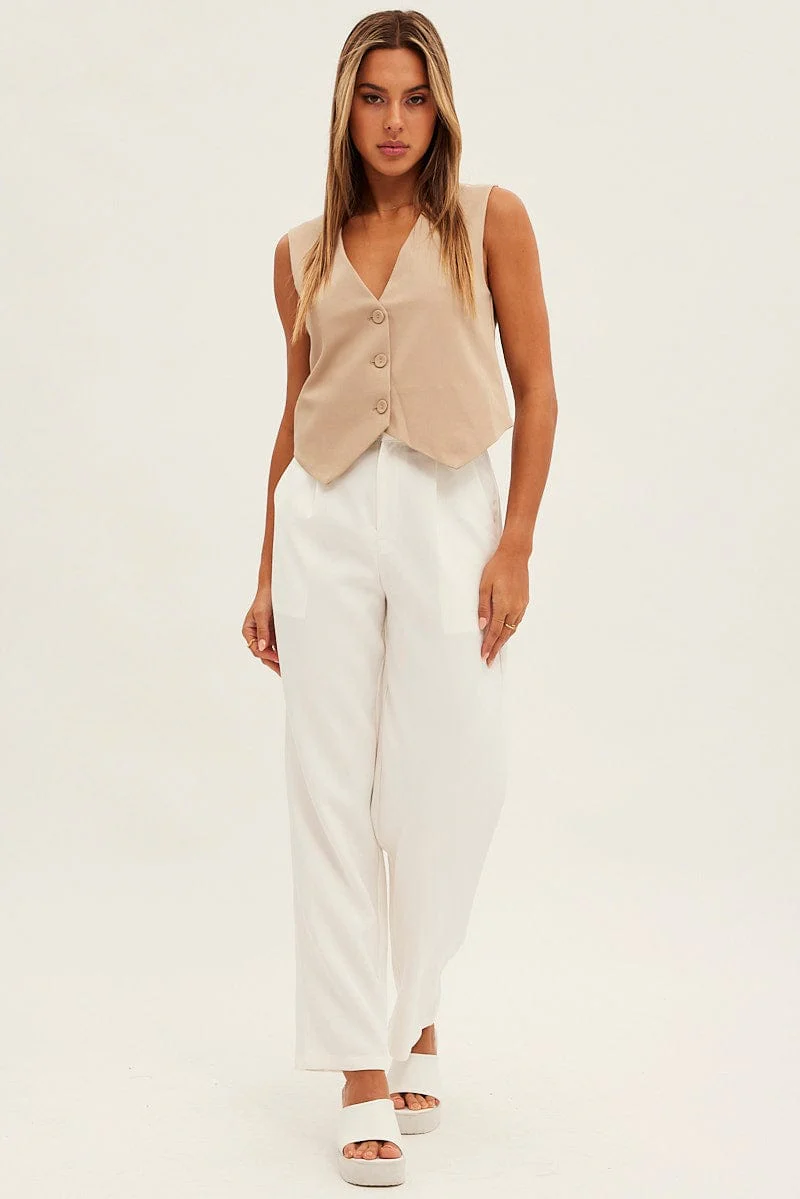 Beige Top Waistcoat Sleeveless V Neck Button Up Relaxed