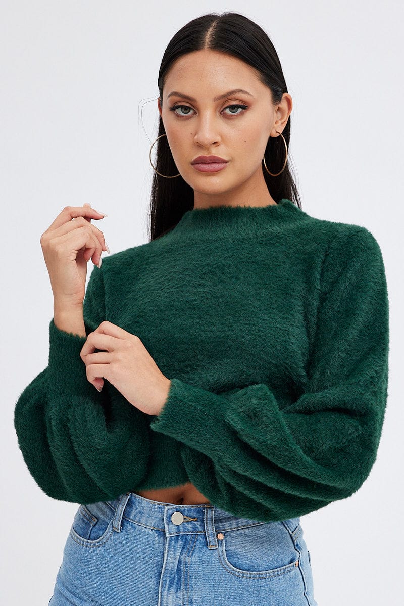 Green Fluffy Knit Jumper Long Sleeve