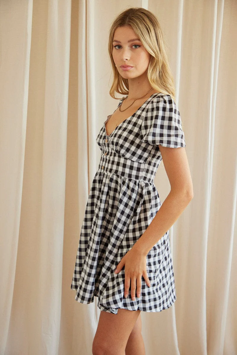 Check Mini Dress Short Sleeve Sweetheart Neckline