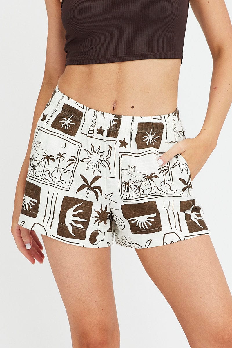 Brown Abstract Relaxed Shorts High Rise