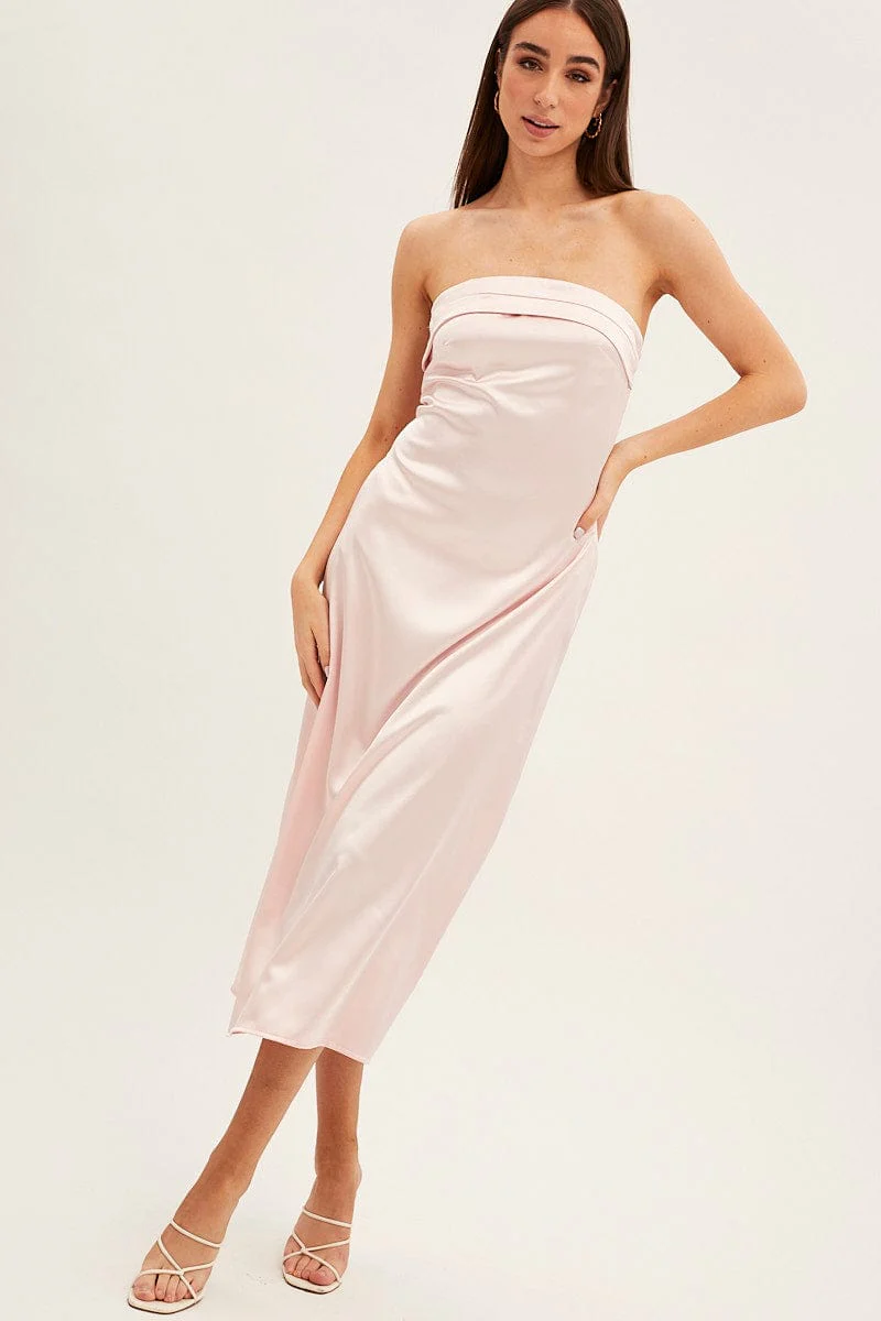 Pink Satin Straight Midi Dress