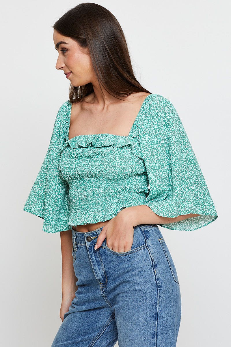 Green Print Crop Top Short Sleeve Crop Square Neck